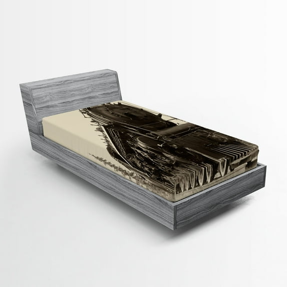 Ambesonne Steam Engine Fitted Sheet, Antique Train Art, Twin Size, Black Grey