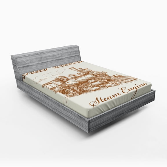 Ambesonne Steam Engine Fitted Sheet, Old Vintage Train, Queen Size, Ivory Pale Caramel