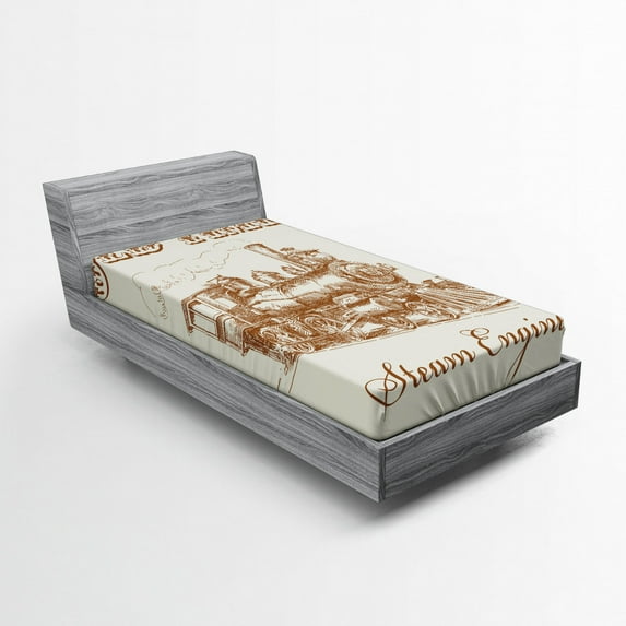 Ambesonne Steam Engine Fitted Sheet, Old Vintage Train, Twin Size, Ivory Pale Caramel