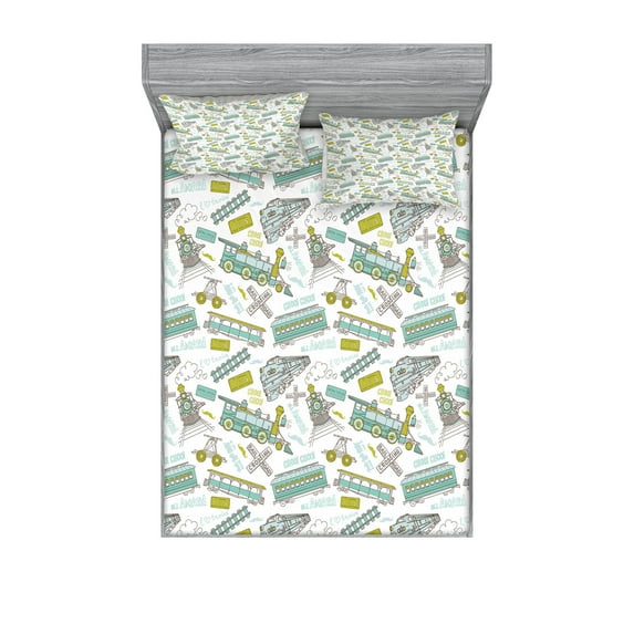 Ambesonne Steam Engine Fitted Sheet & Pillow Sham Set, Train, Queen, Apple Green Turquoise