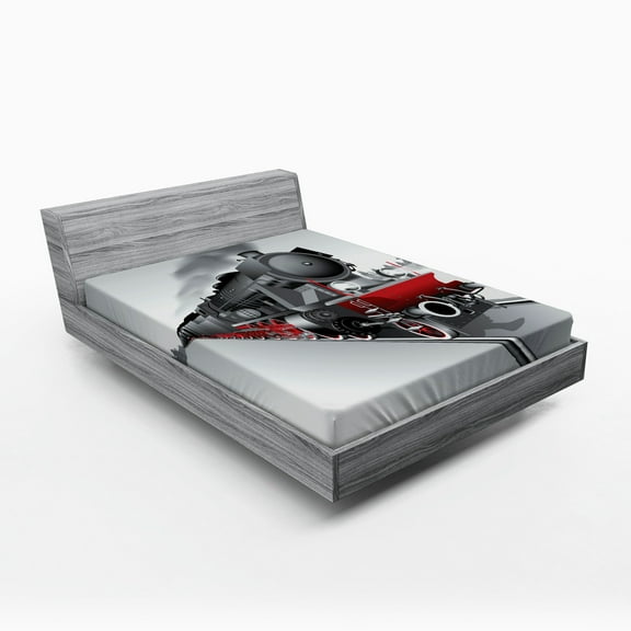 Ambesonne Steam Engine Fitted Sheet, Railway Train Art, Full Size, Red Grey