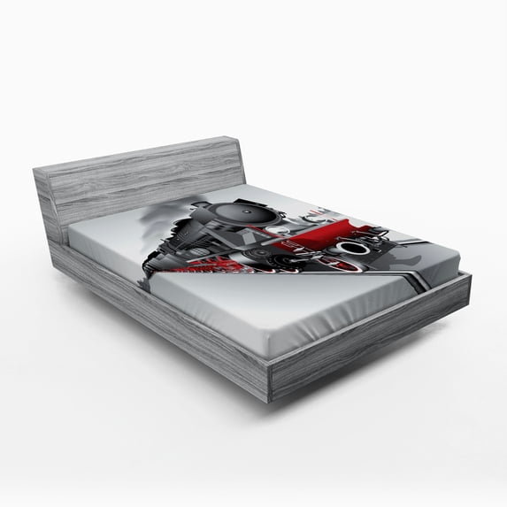 Ambesonne Steam Engine Fitted Sheet, Railway Train Art, Queen Size, Red Grey