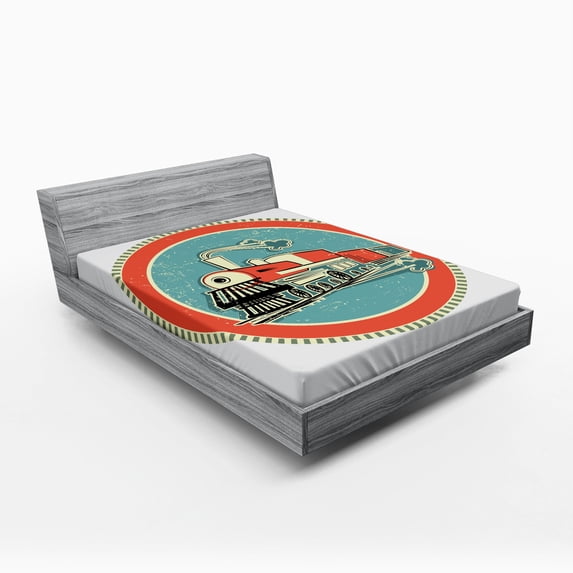 Ambesonne Steam Engine Fitted Sheet, Retro Train Art, Full Size, Turquoise Salmon Ivory