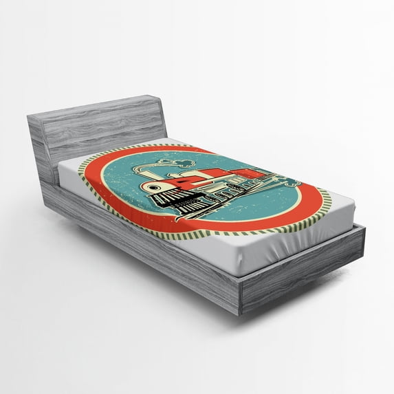 Ambesonne Steam Engine Fitted Sheet, Retro Train Art, Twin XL Size, Turquoise Salmon Ivory