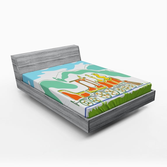 Ambesonne Steam Engine Fitted Sheet, Small Old Train, Full Size, Green Blue Orange