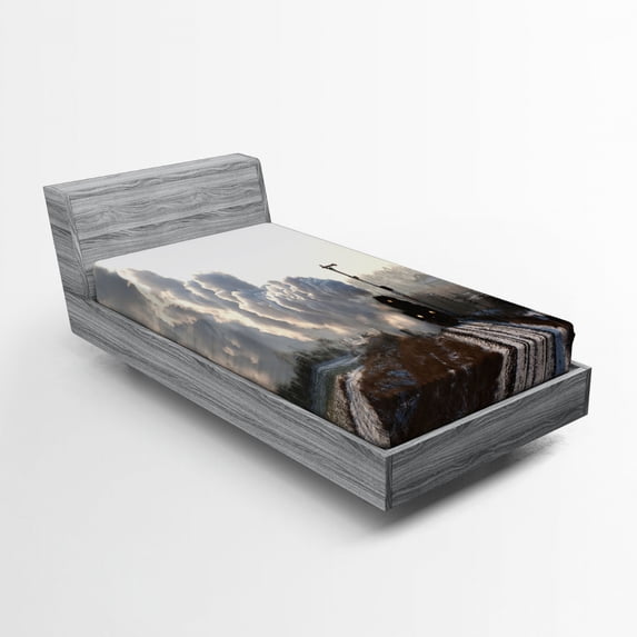 Ambesonne Steam Engine Fitted Sheet, Train Snowy Scene, Twin Size, Pale Grey