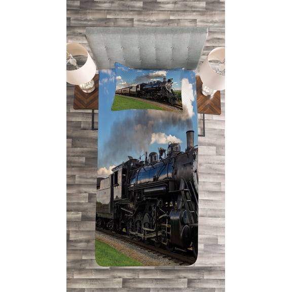 Ambesonne Steam Engine Quilted Bedspread Set 2 Pcs, Countryside Train, Twin Size, Blue Green Black