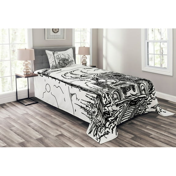 Ambesonne Steam Engine Quilted Bedspread Set 2 Pcs, Railroad Drawing, Twin Size, White Black
