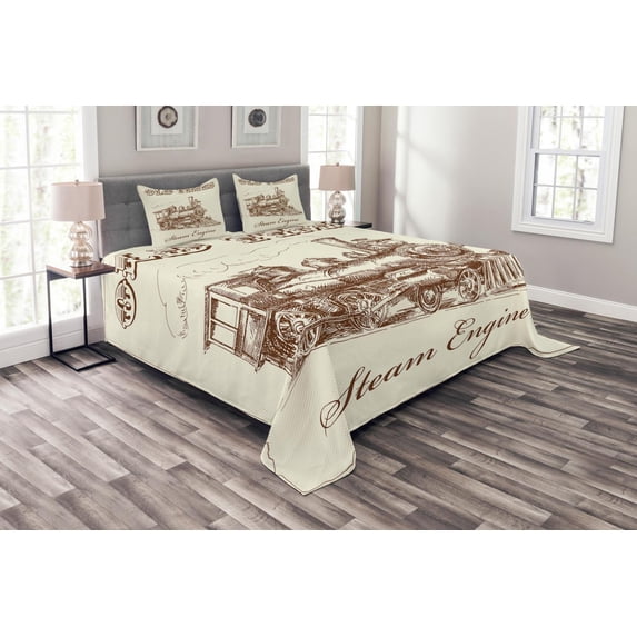 Ambesonne Steam Engine Quilted Bedspread Set 3 Pcs, Old Vintage Train, Queen Size, Ivory Pale Caramel