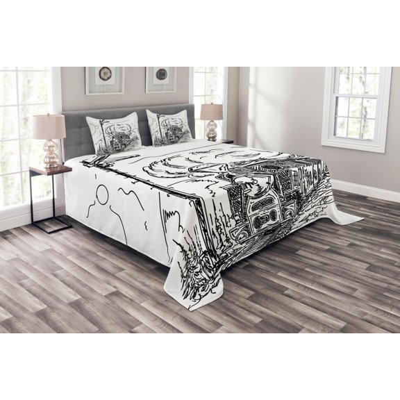 Ambesonne Steam Engine Quilted Bedspread Set 3 Pcs, Railroad Drawing, Queen Size, White Black