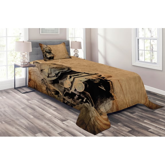 Ambesonne Steam Engine Quilted Coverlet 2 Pcs, Aged Iron Train, Twin Size, Brown