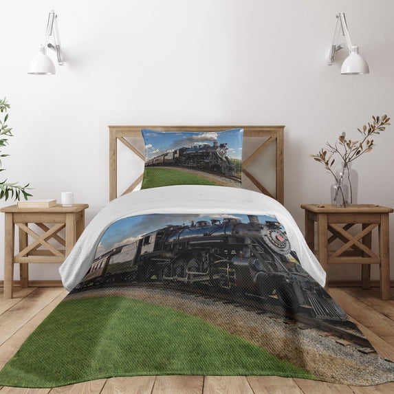 Ambesonne Steam Engine Quilted Coverlet 2 Pcs, Countryside Train, Twin Size, Blue Green Black