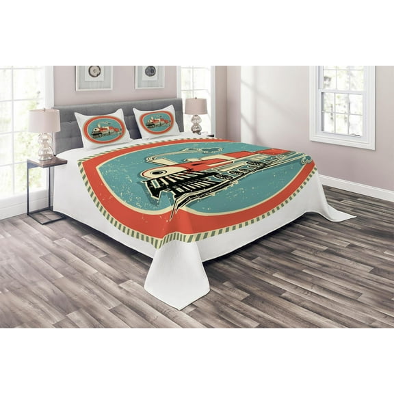 Ambesonne Steam Engine Quilted Coverlet 3 Pcs, Retro Train Art, King Size, Turquoise Salmon Ivory