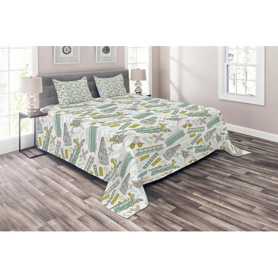 Ambesonne Steam Engine Quilted Coverlet 3 Pcs, Train Pattern Travel, King Size, Apple Green Turquoise