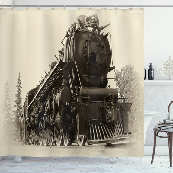 Ambesonne Steam Engine Shower Curtain, Antique Train Art, 69"Wx75"L, Black Grey