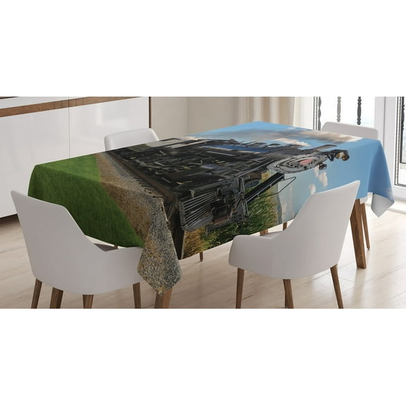 Ambesonne Steam Engine Tablecloth Rectangular Table Cover, Countryside Train, 52"x70", Blue Green Black