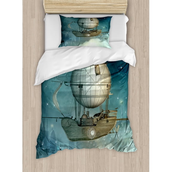 Ambesonne Steampunk Duvet Cover Set, Futuristic Airship, Twin, Petrol Blue and Tan