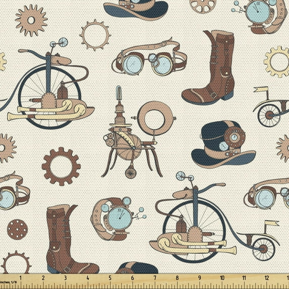 Ambesonne Steampunk Fabric by the Yard Upholstery, Abstract Apparels Tools, 5 Yards, Brown Beige and Tan