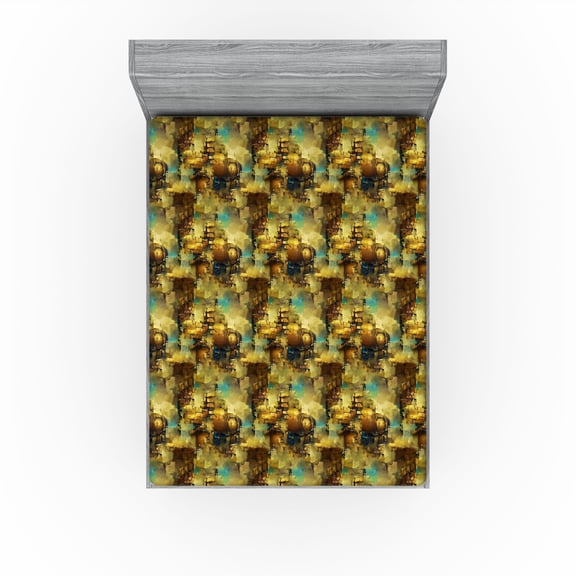 Ambesonne Steampunk Fitted Sheet, Abstract City Urban Print, Queen Size, Amber Mustard Seafoam