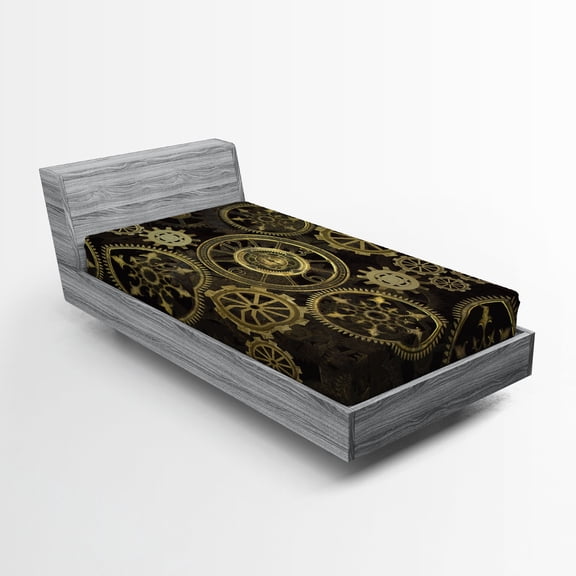 Ambesonne Steampunk Fitted Sheet, Dark Shade Wheels, Twin XL Size, Dark Brown Sand Brown