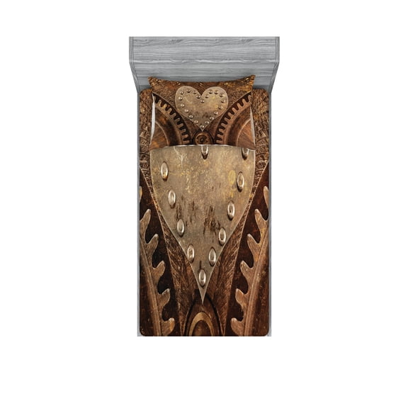 Ambesonne Steampunk Fitted Sheet & Pillow Sham Set, Heart Form and Rivets, Twinxl, Brown