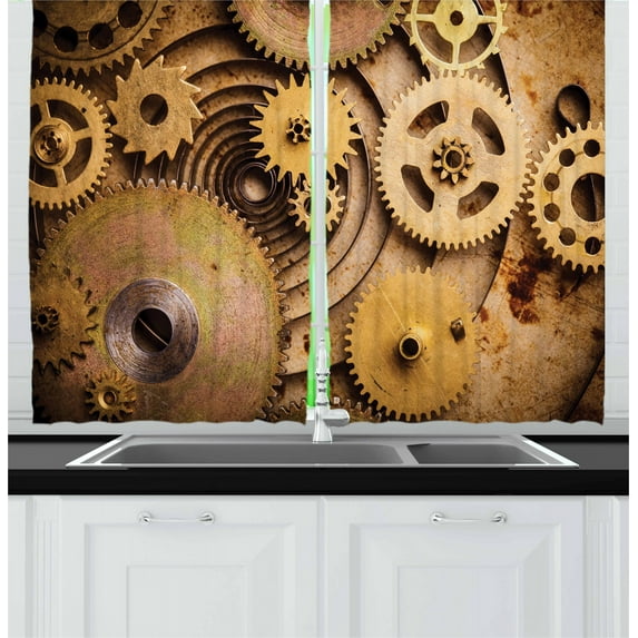 Ambesonne Steampunk Kitchen Curtains, Close up Equipments, 55"x45", Sand Brown