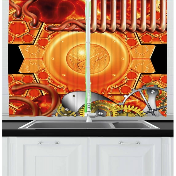 Ambesonne Steampunk Kitchen Curtains, Retro Gear Technology, 55"x39", Multicolor