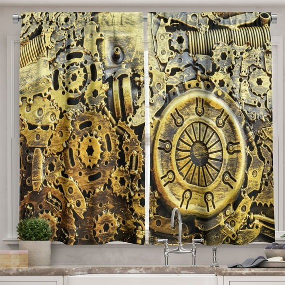 Ambesonne Steampunk Kitchen Curtains, Vintage Machinery, 55"x39", Yellow Grey Dark Brown