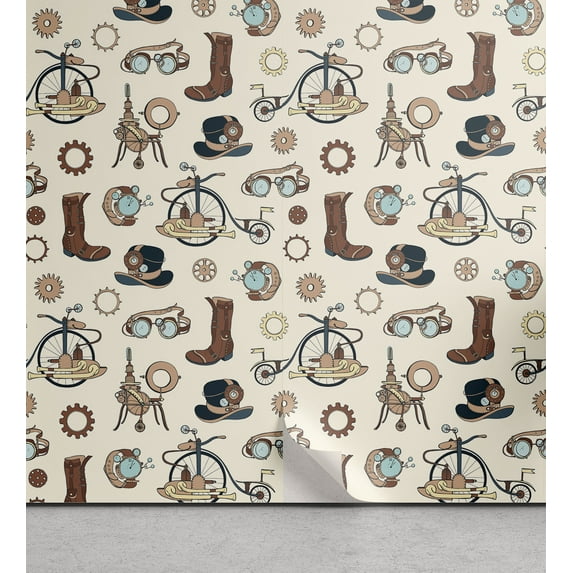 Ambesonne Steampunk Peel & Stick Wallpaper for Home, Abstract Apparels Tools, 13"x36", Brown Beige and Tan