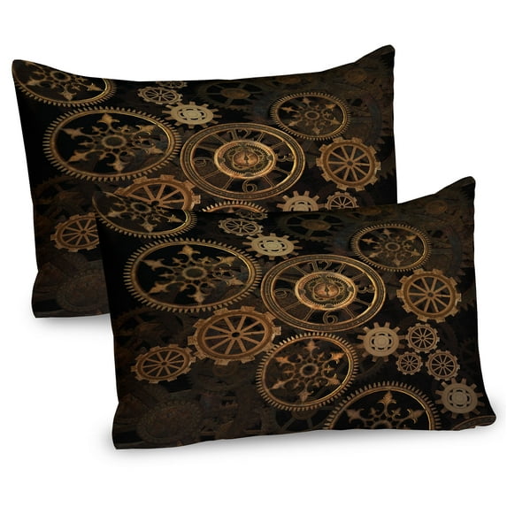 Ambesonne Steampunk Pillow Sham 2 Pack, Dark Shade Wheels, 26"x20", Dark Brown Sand Brown