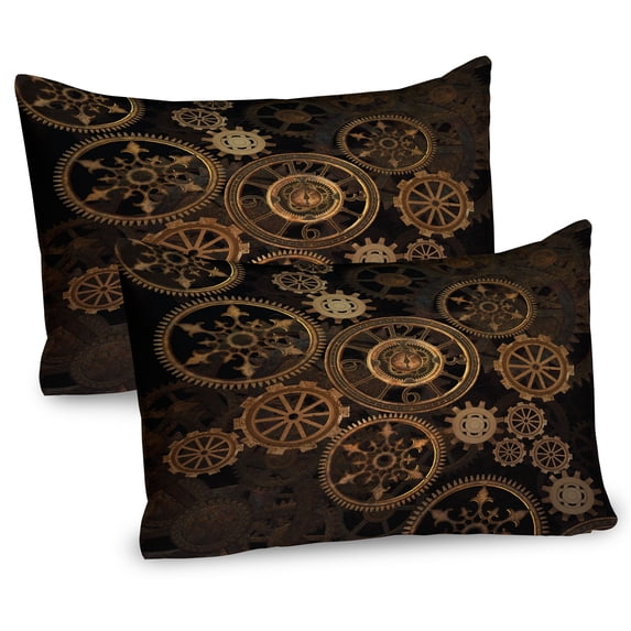Ambesonne Steampunk Pillow Sham 2 Pack, Dark Shade Wheels, 30"x20", Dark Brown Sand Brown