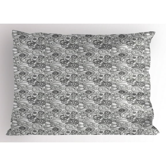 Ambesonne Steampunk Pillow Sham, Grey Tone Gear Design, 36" X 20", Grey and White