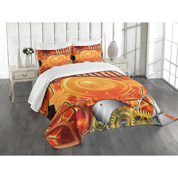Ambesonne Steampunk Quilted Bedspread Set 3 Pcs, Retro Gear Technology, King Size, Multicolor