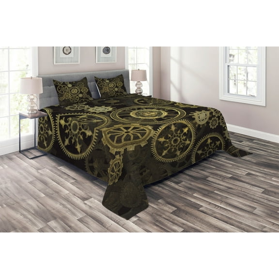 Ambesonne Steampunk Quilted Coverlet 3 Pcs, Dark Shade Wheels, King Size, Dark Brown Sand Brown