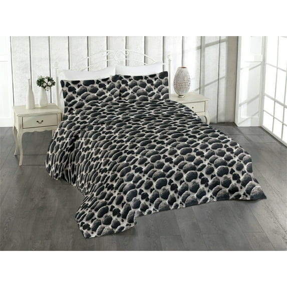 Ambesonne Stone Print Quilted Bedspread Set 3 Pcs, Boulder Coastal Pattern, Twin, Dark Grey and Dimgray