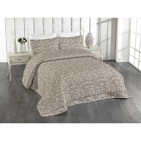 Ambesonne Stone Print Quilted Bedspread Set 3 Pcs, Rock Look Pattern Print, Twin, Pale Grey Camel