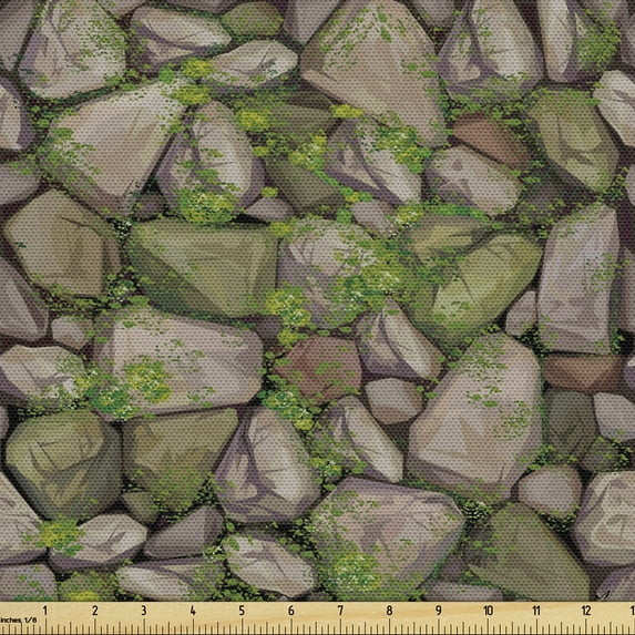 Ambesonne Stones Fabric by the Yard Upholstery, Vintage Look Cobblestone Art, 10 Yards, Reseda Green Pale Grey