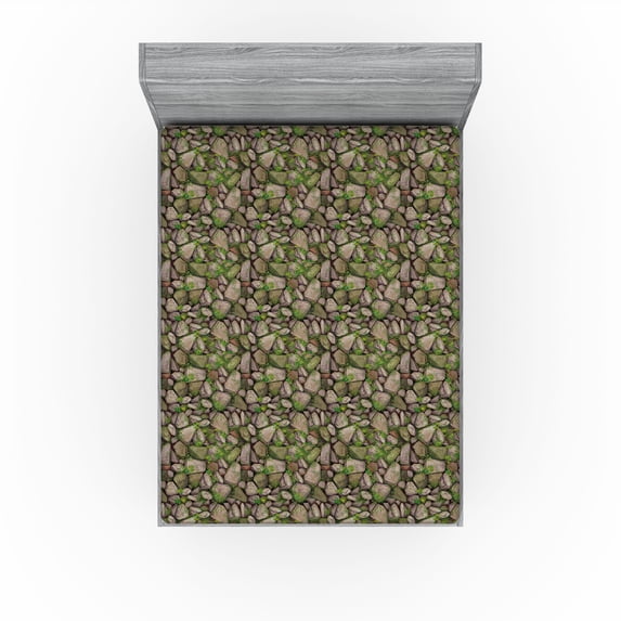 Ambesonne Stones Fitted Sheet, Vintage Look Cobblestone Art, California King, Reseda Green Pale Grey