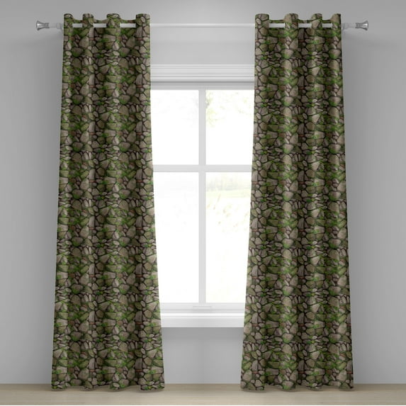 Ambesonne Stones Grommet Curtain, Vintage Look Cobblestone Art, 50"x108", Reseda Green Pale Grey