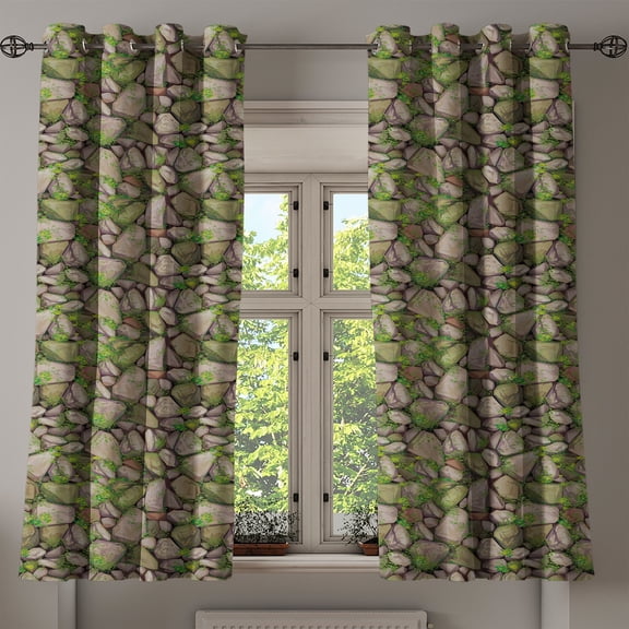 Ambesonne Stones Grommet Curtain, Vintage Look Cobblestone Art, 50"x60", Reseda Green Pale Grey
