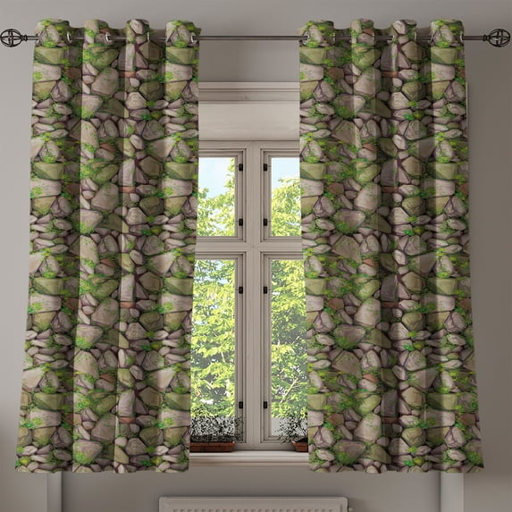 Ambesonne Stones Grommet Curtain, Vintage Look Cobblestone Art, 50"x63", Reseda Green Pale Grey