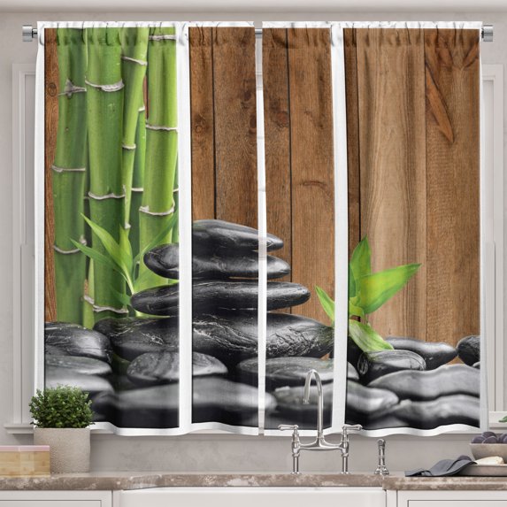 Ambesonne Stones Kitchen Curtains, Exotic Branches and Rocks, 55"x45", Dark Grey Brown Green