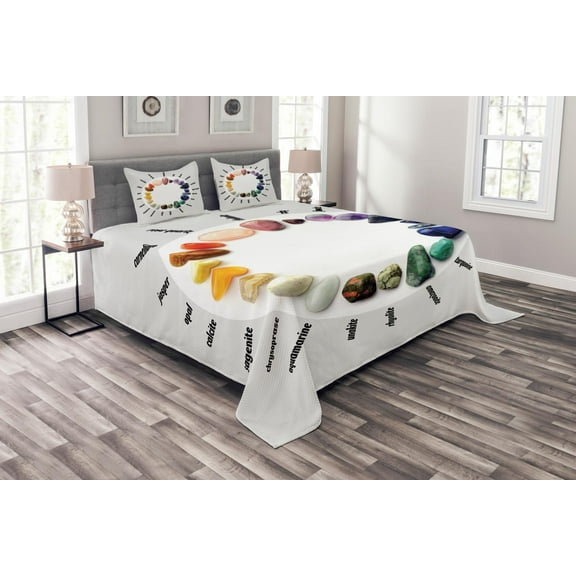 Ambesonne Stones Quilted Bedspread Set 3 Pcs, Colorful Precious Rocks Name, King Size, Multicolor