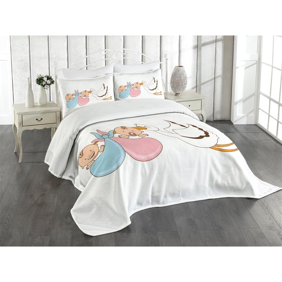 Ambesonne Stork Quilted Bedspread Set 3 Pcs, Classic Cartoon Flying Bird, Queen Size, Multicolor