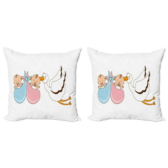 Ambesonne Stork Throw Pillow Cover 2 Pack, Classic Cartoon Flying Bird, 20", Multicolor