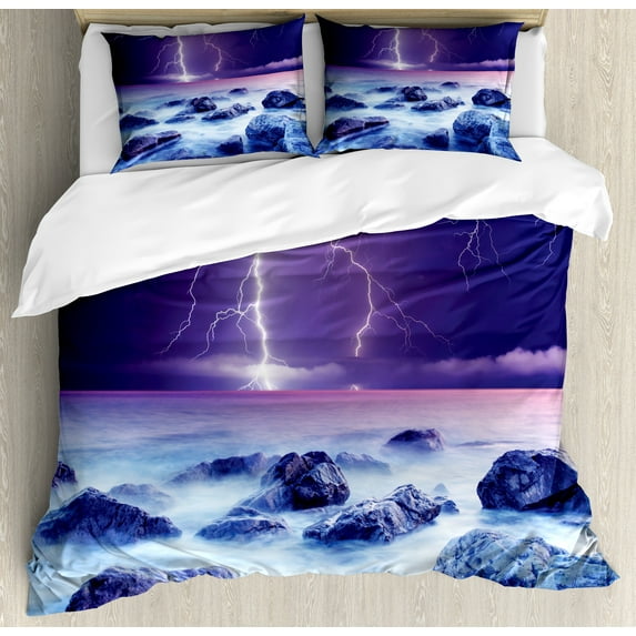Ambesonne Storm Duvet Cover Set, Stormy Sky Ocean Rocks Night, 2-Calking, Purple and Indigo