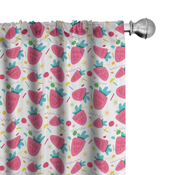 Ambesonne Strawberry 4-Panel Curtains, Doodle Fruits Zigzags, 56"x63", Pink Seafoam White