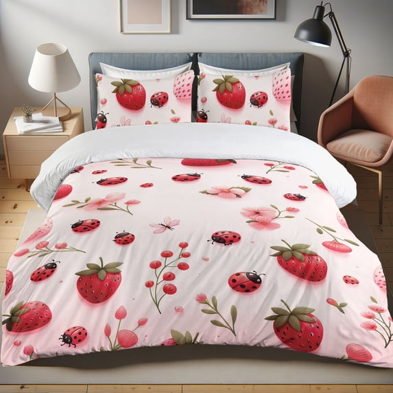 Ambesonne Strawberry Duvet Cover Set, Blushy Summer Ladybugs, Queen, Dark Pink Olive Green
