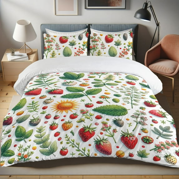 Ambesonne Strawberry Duvet Cover Set, Summer Happiness Fruits, Calking, Fern Green Dark Pink