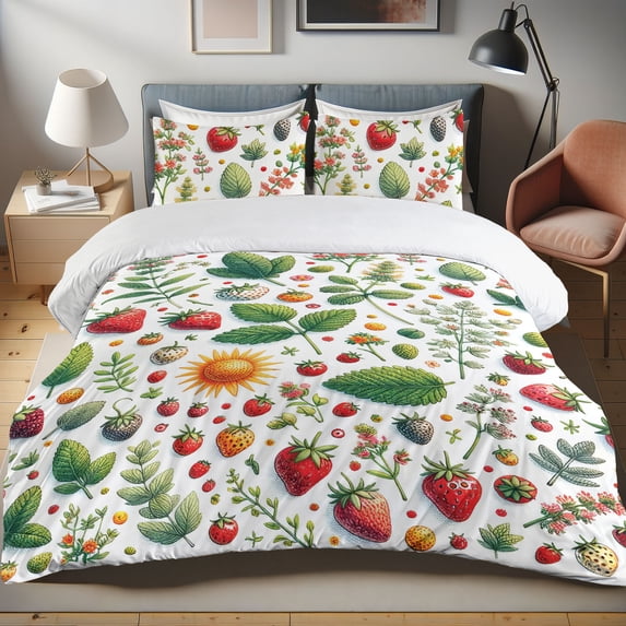 Ambesonne Strawberry Duvet Cover Set, Summer Happiness Fruits, King, Fern Green Dark Pink